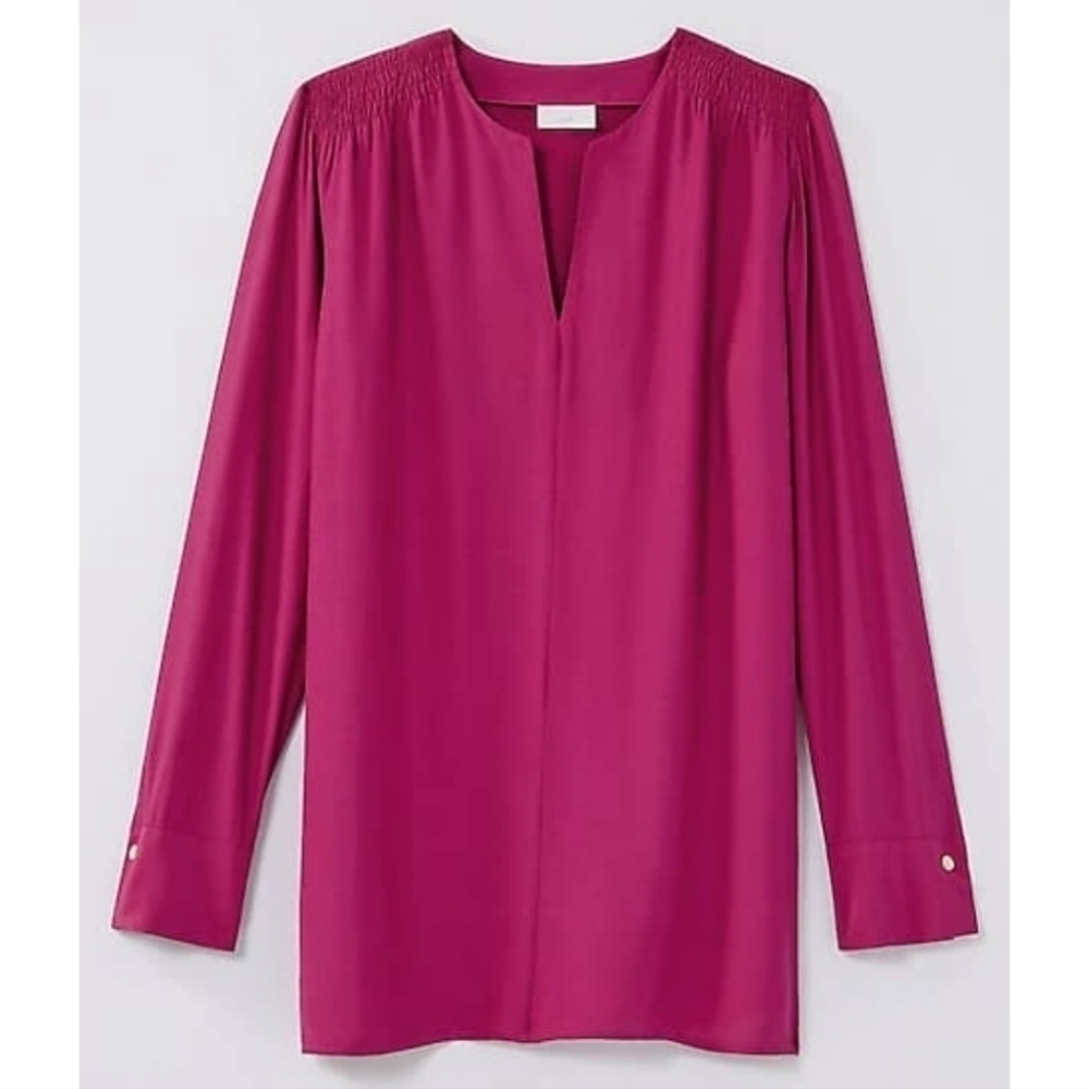 J Jill Smocked Split Neck Tunic Top Womens Large Pink Workwear Office - Picture 6 of 15